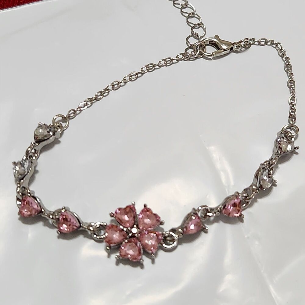 925 Sterling Silver Bracelet Pink Flower With Hearts Cubic Zirconia Adjustable.